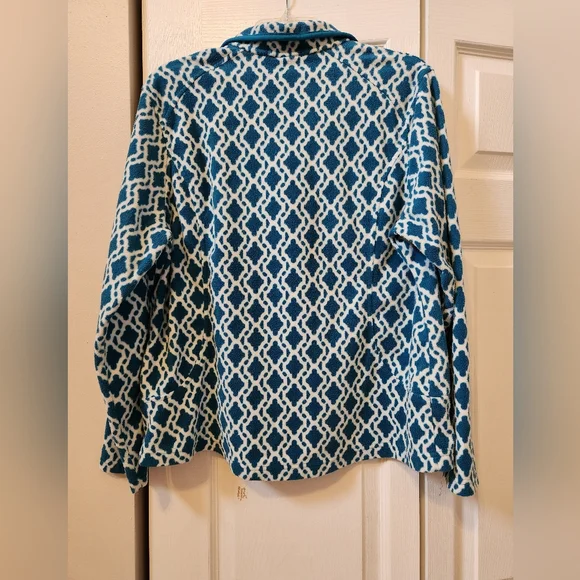 Lands End, Large 14-16, Teal & White, Long Sleeve Zippered Fleece Top - Picture 3 of 5